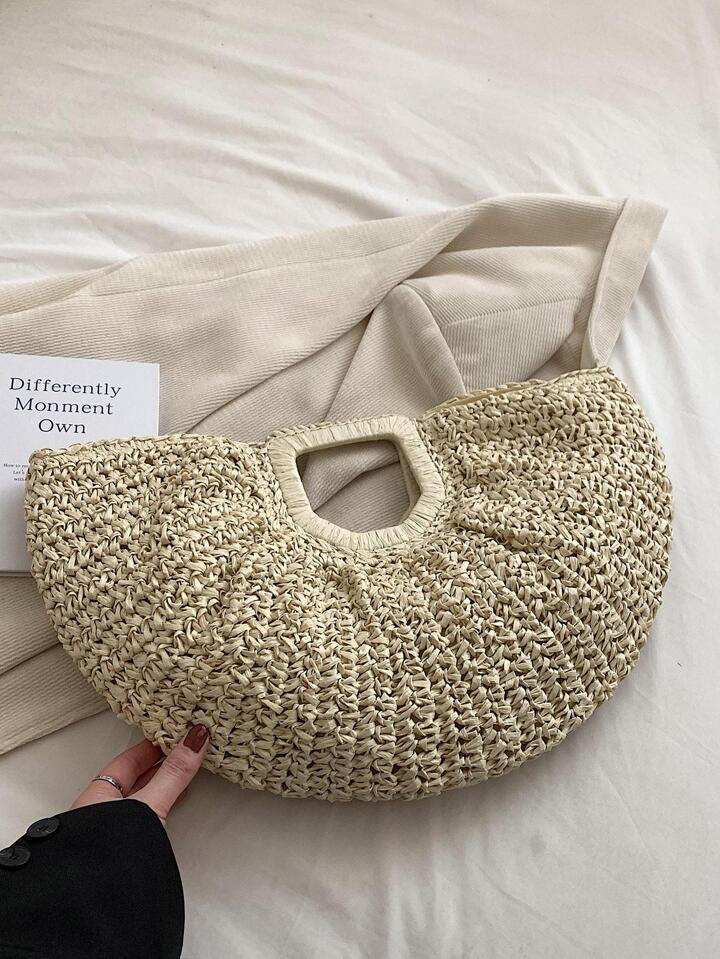 Sac En Paille Vacances Beige Non-Fermeture À Double Poignée