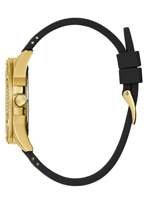 Montre pour femme Guess King Quartz Cristaux Cadran doré Bracelet en silicone noir - GW0537G2