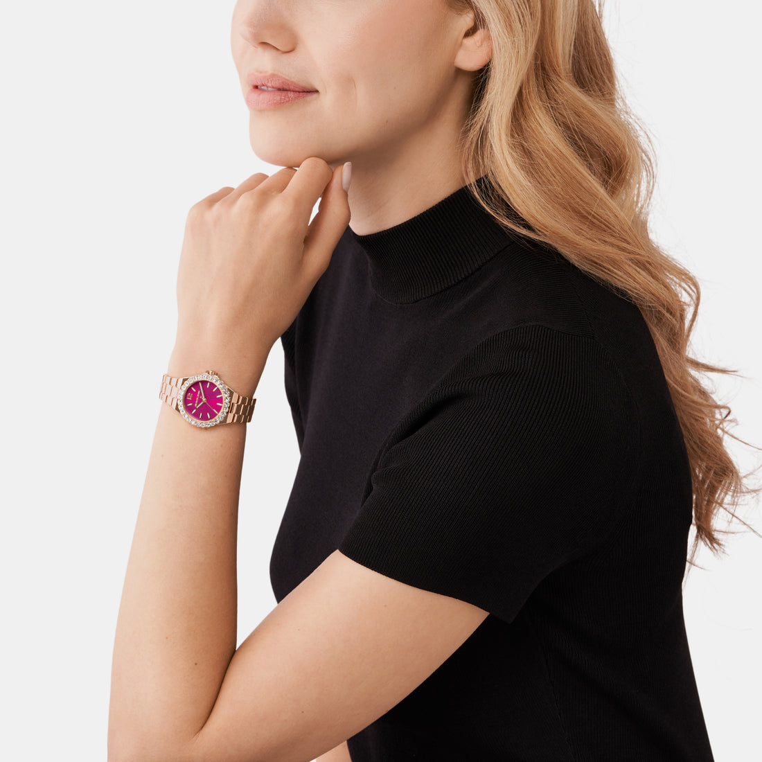 Montre Mk Lennox à trois aiguilles en acier inoxydable doré rose pour femme