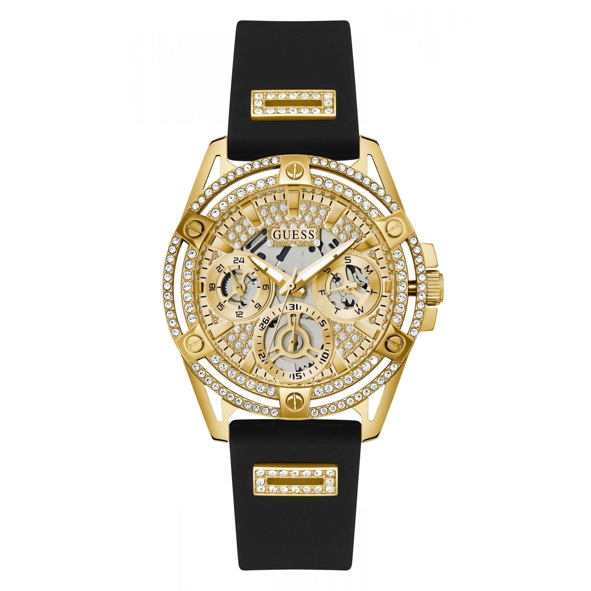 Montre pour femme Guess King Quartz Cristaux Cadran doré Bracelet en silicone noir - GW0537G2