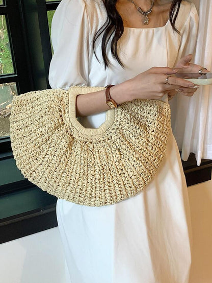 Sac En Paille Vacances Beige Non-Fermeture À Double Poignée