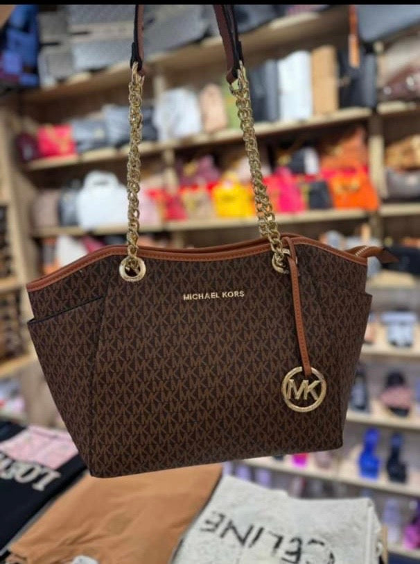 Michael Kors Brown Signature and Leather Jet Tote Bag