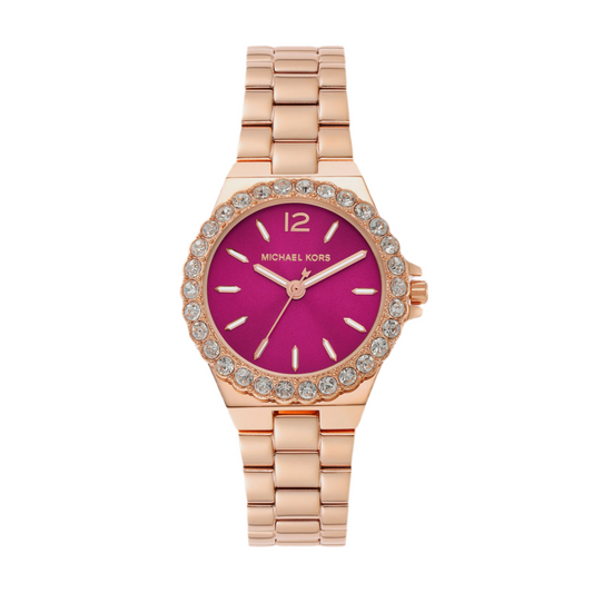 Montre Mk Lennox à trois aiguilles en acier inoxydable doré rose pour femme