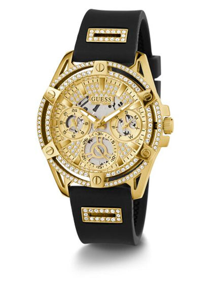 Montre pour femme Guess King Quartz Cristaux Cadran doré Bracelet en silicone noir - GW0537G2