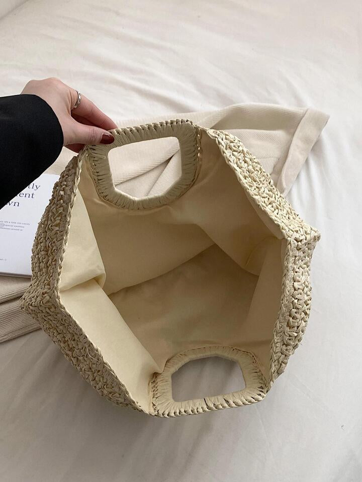 Sac En Paille Vacances Beige Non-Fermeture À Double Poignée